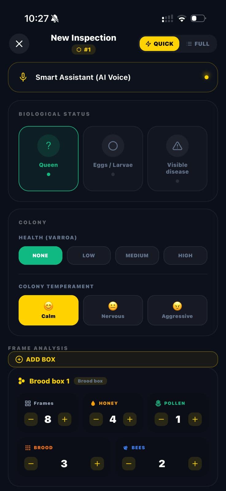 SunnyBee — hive inspection form, QUICK mode