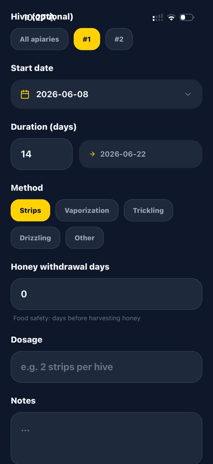 SunnyBee varroa treatment tracking with test results and treatment records